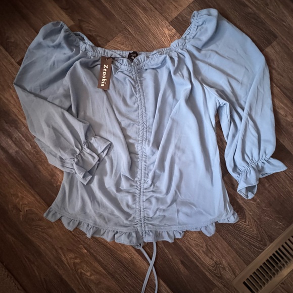 Zenobia Tops - Zenobia Light Blue Off-Shoulder Peasant Blouse